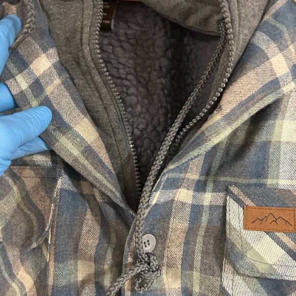 MOUNTAIN RIDGE Sz 2XL Plaid Blue Green Full Zip Button Hood Pockets Sherpa Warm - Picture 3 of 13